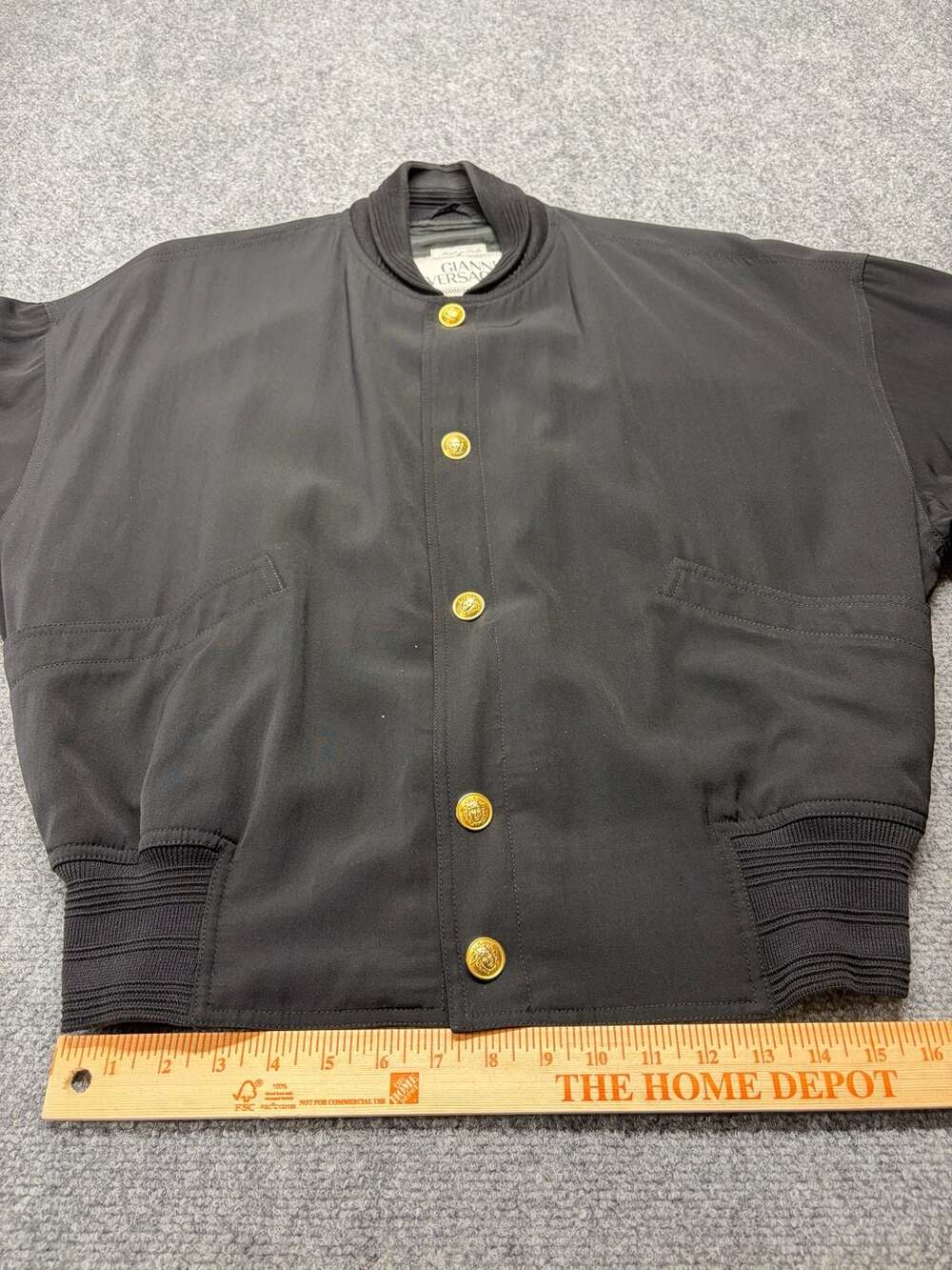 Gianni Versace Vintage Black Satin Bomber Jacket with Medusa Gold Buttons